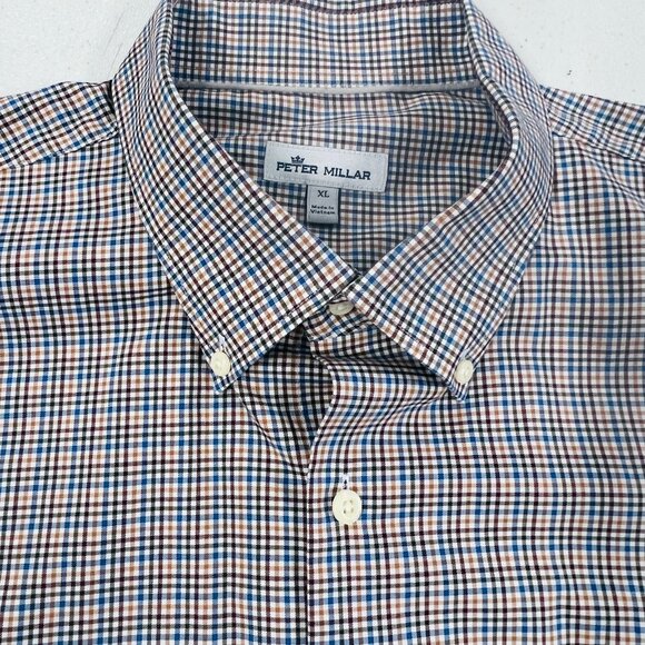 Peter Millar Shirt XL Anderson Blue Tattersall Button Up Shirt Check Black Tan - Picture 2 of 9